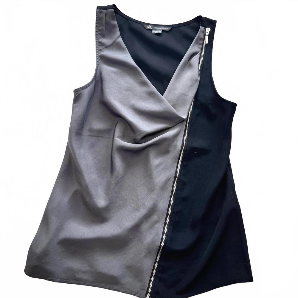 Armani Exchange Sleeveless Blouse Zipper Crossover Black/Grey Colorblock - XS